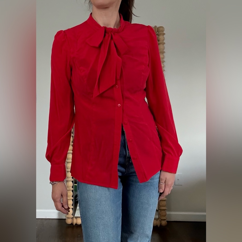Etcetera Vibrant Red Silk Bow Blouse